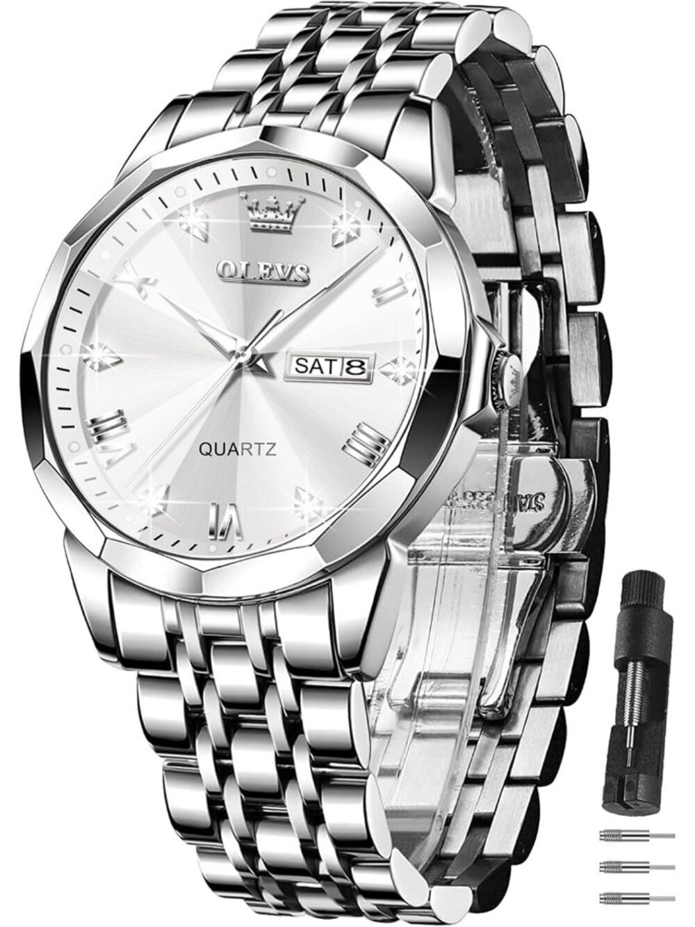 Men's Silver Diamond Stainless Steel Band Waterproof Roman Numbers Classic Watch